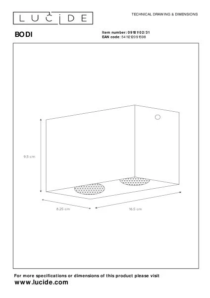 Lucide BODI - Spot plafond - 2xGU10 - Blanc - TECHNISCH